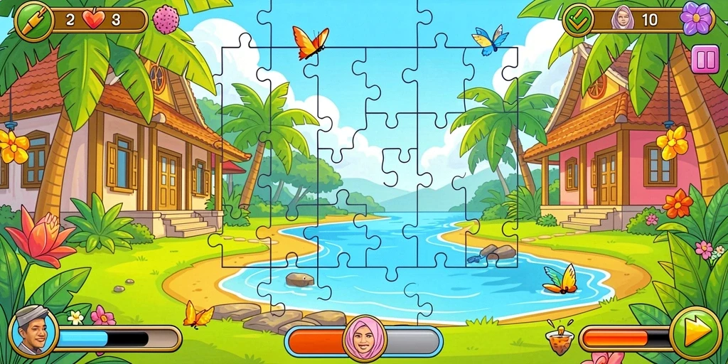 Screenshot ketiga menggambarkan lingkungan permainan yang indah dan interaktif.